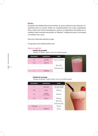 Serviçodecafetaria
60 61
Batidos
Os batidos são bebidas feitas à base de leite, ao qual se adiciona outro alimento, nor-
malmente fruta ou sorvete. Podem ser complementados com outros ingredientes.
Para se obter uma mistura homogénea e cremosa os ingredientes são batidos em si-
multâneo (salvo eventuais decorações) no“Blender”. A adição de açúcar é uma opção
a considerar caso a caso.
Para servir refrescado adiciona-se gelo.
O copo para servir também pode variar.
Algumas sugestões:
• Batido de groselha
Preparar no shaker c/gelo e servir em tumbler grande
• Batido de morango
Preparar no blender c/gelo moído e servir em tumbler grande
ingredientes Acção
3 Morangos
Quantidade
10 g
2 cl
12 cl
1 Morango
2
Açúcar
Xarope
de morango
leite frio
Palhinhas
Colocar no blender
com gelo moído
Adicionar
Adicionar
Adicionar
Bater tudo
Verter para copo
Decorar
Colocar
ingredientes Acção
5 cl groselha
Quantidade
12 cl Leite frio
Colocar no blender
Bater tudo
Verter para copo
2 Palhinhas
 