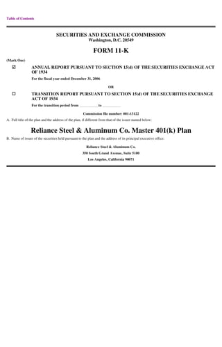 Table of Contents



                                                                                 SECURITIES AND EXCHANGE COMMISSION
                                                                                                      Washington, D.C. 20549

                                                                                                         FORM 11-K
                 (Mark One)

                                                                  ANNUAL REPORT PURSUANT TO SECTION 15(d) OF THE SECURITIES EXCHANGE ACT
                                                                  OF 1934
                                                                  For the fiscal year ended December 31, 2006

                                                                                                                  OR

                                                                  TRANSITION REPORT PURSUANT TO SECTION 15(d) OF THE SECURITIES EXCHANGE
                                                                  ACT OF 1934
                                                                  For the transition period from            to

                                                                                                   Commission file number: 001-13122
                 A. Full title of the plan and the address of the plan, if different from that of the issuer named below:


                                                                  Reliance Steel & Aluminum Co. Master 401(k) Plan
                 B. Name of issuer of the securities held pursuant to the plan and the address of its principal executive office:
Date: 8-NOV-2007 09:18:10.53




                                                                                                     Reliance Steel & Aluminum Co.
                                                                                                   350 South Grand Avenue, Suite 5100
                          BLA A35319 001.00.00.00 0/3




                                                                                                      Los Angeles, California 90071
                                                *A35319/001/3*
Operator: BLA99999T
Phone: (213) 627-2200


                                                        EDGAR 2
BOWNE INTEGRATED TYPESETTING SYSTEM Site: BOWNE OF LOS ANGELES

                                                  CRC: 44417
                                    [E/O]
A35319.SUB, DocName: 11-K, Doc: 1, Page: 1
Name: RELIANCE STEEL & ALU


Description: Form 11-K
 