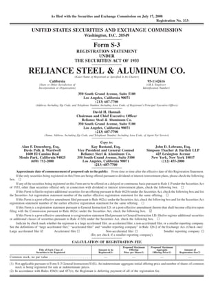As filed with the Securities and Exchange Commission on July 17, 2008
                                                                                                      Registration No. 333-

                   UNITED STATES SECURITIES AND EXCHANGE COMMISSION
                                                                 Washington, D.C. 20549

                                                                           Form S-3
                                                          REGISTRATION STATEMENT
                                                                  UNDER
                                                         THE SECURITIES ACT OF 1933

                RELIANCE STEEL & ALUMINUM CO.            (Exact Name of Registrant as Specified in Its Charter)
                                   California                                                                          95-1142616
                          (State or Other Jurisdiction of                                                            (I.R.S. Employer
                         Incorporation or Organization)                                                           Identification Number)

                                                            350 South Grand Avenue, Suite 5100
                                                               Los Angeles, California 90071
                                                                      (213) 687-7700
                      (Address, Including Zip Code, and Telephone Number, Including Area Code, of Registrant’s Principal Executive Offices)

                                                                      David H. Hannah
                                                            Chairman and Chief Executive Officer
                                                               Reliance Steel & Aluminum Co.
                                                             350 South Grand Avenue, Suite 5100
                                                                Los Angeles, California 90071
                                                                       (213) 687-7700
                              (Name, Address, Including Zip Code, and Telephone Number, Including Area Code, of Agent For Service)

                                                                           Copy to:
         Alan F. Denenberg, Esq.                                    Kay Rustand, Esq.                                       John D. Lobrano, Esq.
          Davis Polk & Wardwell                             Vice President and General Counsel                         Simpson Thacher & Bartlett LLP
           1600 El Camino Real                                Reliance Steel & Aluminum Co.                                 425 Lexington Avenue
        Menlo Park, California 94025                        350 South Grand Avenue, Suite 5100                            New York, New York 10017
              (650) 752-2000                                   Los Angeles, California 90071                                   (212) 455-2000
                                                                       (213) 687-7700
      Approximate date of commencement of proposed sale to the public: From time to time after the effective date of this Registration Statement.
      If the only securities being registered on this Form are being offered pursuant to dividend or interest reinvestment plans, please check the following
box. n
      If any of the securities being registered on this Form are to be offered on a delayed or continuous basis pursuant to Rule 415 under the Securities Act
of 1933, other than securities offered only in connection with dividend or interest reinvestment plans, check the following box. n
      If this Form is filed to register additional securities for an offering pursuant to Rule 462(b) under the Securities Act, check the following box and list
the Securities Act registration statement number of the earlier effective registration statement for the same offering. n
      If this Form is a post-effective amendment filed pursuant to Rule 462(c) under the Securities Act, check the following box and list the Securities Act
registration statement number of the earlier effective registration statement for the same offering. n
      If this Form is a registration statement pursuant to General Instruction I.D. or a post-effective amendment thereto that shall become effective upon
filing with the Commission pursuant to Rule 462(e) under the Securities Act, check the following box. ¥
      If this Form is a post-effective amendment to a registration statement filed pursuant to General Instruction I.D. filed to register additional securities
or additional classes of securities pursuant to Rule 413(b) under the Securities Act, check the following box. n
      Indicate by check mark whether the registrant is a large accelerated filer, an accelerated filer, a non-accelerated filer, or a smaller reporting company.
See the definitions of “large accelerated filer,” “accelerated filer” and “smaller reporting company” in Rule 12b-2 of the Exchange Act. (Check one):
Large accelerated filer ¥              Accelerated filer n                        Non-accelerated filer n                        Smaller reporting company n
                                                                      (Do not check if a smaller reporting company)

                                                      CALCULATION OF REGISTRATION FEE
                                                                                                 Proposed Maximum        Proposed Maximum
                         Title of Each Class of                             Amount to be               Offering              Aggregate            Amount of
                       Securities to be Registered                          Registered(1)         Price per Share(1)      Offering Price(1)   Registration Fee(2)
Common stock, no par value . . . . . . . . . . . . . . . . . . . . . . .         —                       —                      —                     —

(1) Not applicable pursuant to Form S-3 General Instructions II (E). An indeterminate aggregate initial offering price and number of shares of common
    stock is being registered for sale at indeterminate prices.
(2) In accordance with Rules 456(b) and 457(r), the Registrant is deferring payment of all of the registration fee.
 