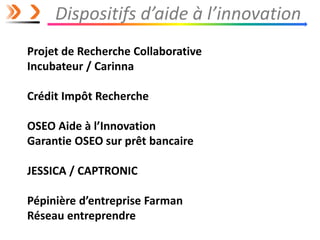 Dispositifs d’aide à l’innovation
Projet de Recherche Collaborative
Incubateur / Carinna
Crédit Impôt Recherche
OSEO Aide ...