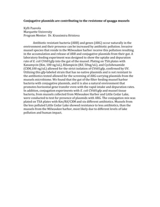 Conjugative plasmids are contributing to the resistome of quagga mussels
Kylli Paavola
Marquette University
Program Mentor: Dr. Krassimira Hristova
Antibiotic resistant bacteria (ARB) and genes (ARG) occur naturally in the
environment and their presence can be increased by antibiotic pollution. Invasive
mussel species that reside in the Milwaukee harbor receive this pollution resulting
in the accumulation and release of ARB and conjugative plasmids from their gut. A
laboratory feeding experiment was designed to show the uptake and depuration
rate of E. coli CV601gfp into the gut of the mussel. Plating on TSA plates with
Kanamycin (Km, 100 ng/uL), Rifampicin (Rif, 50ng/uL), and Cyclohexamide
(CXM,100 ng/uL) allowed for the strict isolation of CV601gfp, confirmed by UV.
Utilizing this gfp-labeled strain that has no native plasmids and is not resistant to
the antibiotics tested allowed for the screening of ARG-carrying plasmids from the
mussels microbiome. We found that the gut of the filter feeding mussel harbor
bacteria with conjugative plasmids, and it is also a natural environment that
promotes horizontal gene transfer even with the rapid intake and depuration rates.
In addition, conjugation experiments with E. coli CV601gfp and mussel tissue
bacteria, from mussels collected from Milwaukee Harbor and Little Cedar Lake,
were conducted to test for presence of plasmids with ARG. The conjugation mix was
plated on TSA plates with Km/Rif/CXM and six different antibiotics. Mussels from
the less polluted Little Cedar Lake showed resistance to less antibiotics, than the
mussels from the Milwaukee harbor, most likely due to different levels of lake
pollution and human impact.
 