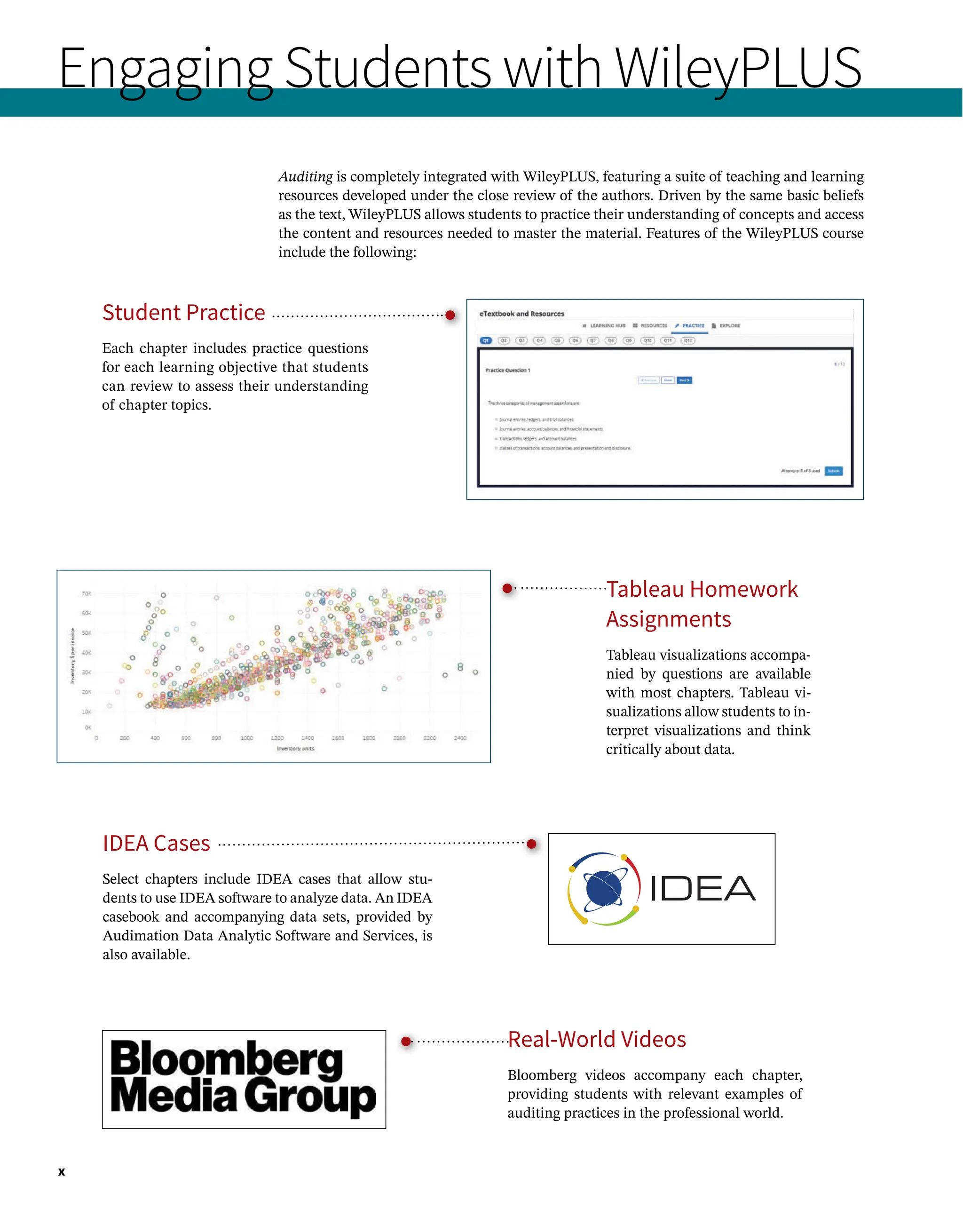 x
Tableau Homework
Assignments
Tableau visualizations accompa-
nied by questions are available
with most chapters. Tableau vi-
sualizations allow students to in-
terpret visualizations and think
critically about data.
Engaging Students with WileyPLUS
IDEA Cases
Select chapters include IDEA cases that allow stu-
dents to use IDEA software to analyze data. An IDEA
casebook and accompanying data sets, provided by
Audimation Data Analytic Software and Services, is
also available.
Student Practice
Each chapter includes practice questions
for each learning objective that students
can review to assess their understanding
of chapter topics.
Auditing is completely integrated with WileyPLUS, featuring a suite of teaching and learning
resources developed under the close review of the authors. Driven by the same basic beliefs
as the text, WileyPLUS allows students to practice their understanding of concepts and access
the content and resources needed to master the material. Features of the WileyPLUS course
include the following:
Real-World Videos

Bloomberg videos accompany each chapter,
providing students with relevant examples of
auditing practices in the professional world.
 