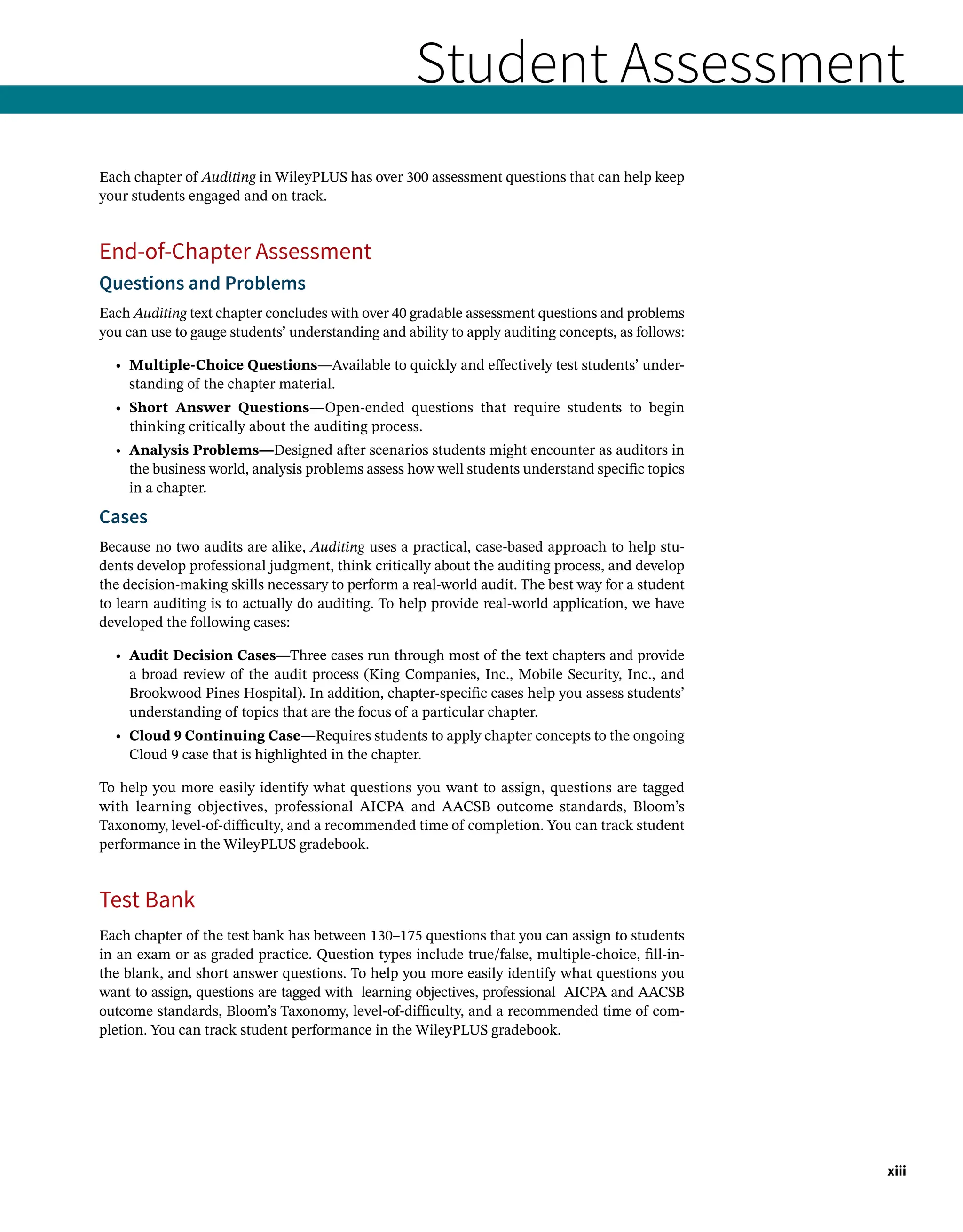 xiii
Each chapter of Auditing in WileyPLUS has over 300 assessment questions that can help keep
your students engaged and on track.
End-of-Chapter Assessment
Questions and Problems
Each Auditing text chapter concludes with over 40 gradable assessment questions and problems
you can use to gauge students’ understanding and ability to apply auditing concepts, as follows:
• 
Multiple-Choice Questions—Available to quickly and effectively test students’ under-
standing of the chapter material.
• 
Short Answer Questions—Open-ended questions that require students to begin
thinking critically about the auditing process.
• 
Analysis Problems—Designed after scenarios students might encounter as auditors in
the business world, analysis problems assess how well students understand specific topics
in a chapter.
Cases
Because no two audits are alike, Auditing uses a practical, case-based approach to help stu-
dents develop professional judgment, think critically about the auditing process, and develop
the decision-making skills necessary to perform a real-world audit. The best way for a student
to learn auditing is to actually do auditing. To help provide real-world application, we have
developed the following cases:
• 
Audit Decision Cases—Three cases run through most of the text chapters and provide
a broad review of the audit process (King Companies, Inc., Mobile Security, Inc., and
Brookwood Pines Hospital). In addition, chapter-specific cases help you assess students’
understanding of topics that are the focus of a particular chapter.
• 
Cloud 9 Continuing Case—Requires students to apply chapter concepts to the ongoing
Cloud 9 case that is highlighted in the chapter.
To help you more easily identify what questions you want to assign, questions are tagged
with learning objectives, professional AICPA and AACSB outcome standards, Bloom’s
Taxonomy, level-of-difficulty, and a recommended time of completion. You can track student
performance in the WileyPLUS gradebook.
Test Bank
Each chapter of the test bank has between 130–175 questions that you can assign to students
in an exam or as graded practice. Question types include true/false, multiple-choice, fill-in-
the blank, and short answer questions. To help you more easily identify what questions you
want to assign, questions are tagged with learning objectives, professional AICPA and AACSB
outcome standards, Bloom’s Taxonomy, level-of-difficulty, and a recommended time of com-
pletion. You can track student performance in the WileyPLUS gradebook.
Student Assessment
 
