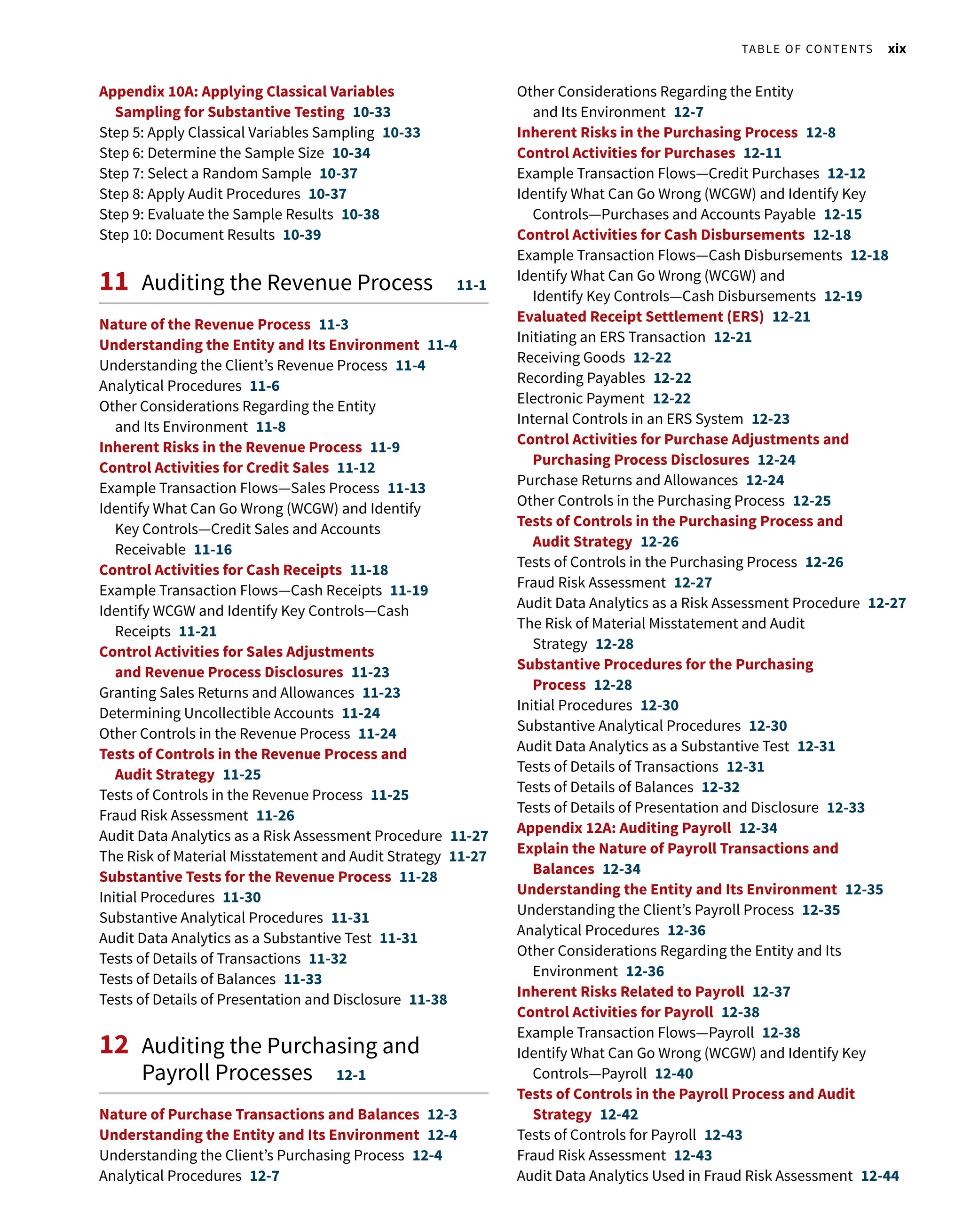   Table of Contents xix
Appendix 10A: Applying Classical Variables
Sampling for Substantive Testing 10-33
Step 5: Apply Classical Variables Sampling 10-33
Step 6: Determine the Sample Size 10-34
Step 7: Select a Random Sample 10-37
Step 8: Apply Audit Procedures 10-37
Step 9: Evaluate the Sample Results 10-38
Step 10: Document Results 10-39
11 
Auditing the Revenue Process 11-1
Nature of the Revenue Process 11-3
Understanding the Entity and Its Environment 11-4
Understanding the Client’s Revenue Process 11-4
Analytical Procedures 11-6
Other Considerations Regarding the Entity
and Its Environment 11-8
Inherent Risks in the Revenue Process 11-9
Control Activities for Credit Sales 11-12
Example Transaction Flows—Sales Process 11-13
Identify What Can Go Wrong (WCGW) and Identify
Key Controls—Credit Sales and Accounts
Receivable 11-16
Control Activities for Cash Receipts 11-18
Example Transaction Flows—Cash Receipts 11-19
Identify WCGW and Identify Key Controls—Cash
Receipts 11-21
Control Activities for Sales Adjustments
and Revenue Process Disclosures 11-23
Granting Sales Returns and Allowances 11-23
Determining Uncollectible Accounts 11-24
Other Controls in the Revenue Process 11-24
Tests of Controls in the Revenue Process and
Audit Strategy 11-25
Tests of Controls in the Revenue Process 11-25
Fraud Risk Assessment 11-26
Audit Data Analytics as a Risk Assessment Procedure 11-27
The Risk of Material Misstatement and Audit Strategy 11-27
Substantive Tests for the Revenue Process 11-28
Initial Procedures 11-30
Substantive Analytical Procedures 11-31
Audit Data Analytics as a Substantive Test 11-31
Tests of Details of Transactions 11-32
Tests of Details of Balances 11-33
Tests of Details of Presentation and Disclosure 11-38
12 
Auditing the Purchasing and
Payroll Processes 12-1
Nature of Purchase Transactions and Balances 12-3
Understanding the Entity and Its Environment 12-4
Understanding the Client’s Purchasing Process 12-4
Analytical Procedures 12-7
Other Considerations Regarding the Entity
and Its Environment 12-7
Inherent Risks in the Purchasing Process 12-8
Control Activities for Purchases 12-11
Example Transaction Flows—Credit Purchases 12-12
Identify What Can Go Wrong (WCGW) and Identify Key
Controls—Purchases and Accounts Payable 12-15
Control Activities for Cash Disbursements 12-18
Example Transaction Flows—Cash Disbursements 12-18
Identify What Can Go Wrong (WCGW) and
Identify Key Controls—Cash Disbursements 12-19
Evaluated Receipt Settlement (ERS) 12-21
Initiating an ERS Transaction 12-21
Receiving Goods 12-22
Recording Payables 12-22
Electronic Payment 12-22
Internal Controls in an ERS System 12-23
Control Activities for Purchase Adjustments and
Purchasing Process Disclosures 12-24
Purchase Returns and Allowances 12-24
Other Controls in the Purchasing Process 12-25
Tests of Controls in the Purchasing Process and
Audit Strategy 12-26
Tests of Controls in the Purchasing Process 12-26
Fraud Risk Assessment 12-27
Audit Data Analytics as a Risk Assessment Procedure 12-27
The Risk of Material Misstatement and Audit
Strategy 12-28
Substantive Procedures for the Purchasing
Process 12-28
Initial Procedures 12-30
Substantive Analytical Procedures 12-30
Audit Data Analytics as a Substantive Test 12-31
Tests of Details of Transactions 12-31
Tests of Details of Balances 12-32
Tests of Details of Presentation and Disclosure 12-33
Appendix 12A: Auditing Payroll 12-34
Explain the Nature of Payroll Transactions and
Balances 12-34
Understanding the Entity and Its Environment 12-35
Understanding the Client’s Payroll Process 12-35
Analytical Procedures 12-36
Other Considerations Regarding the Entity and Its
Environment 12-36
Inherent Risks Related to Payroll 12-37
Control Activities for Payroll 12-38
Example Transaction Flows—Payroll 12-38
Identify What Can Go Wrong (WCGW) and Identify Key
Controls—Payroll 12-40
Tests of Controls in the Payroll Process and Audit
Strategy 12-42
Tests of Controls for Payroll 12-43
Fraud Risk Assessment 12-43
Audit Data Analytics Used in Fraud Risk Assessment 12-44
 