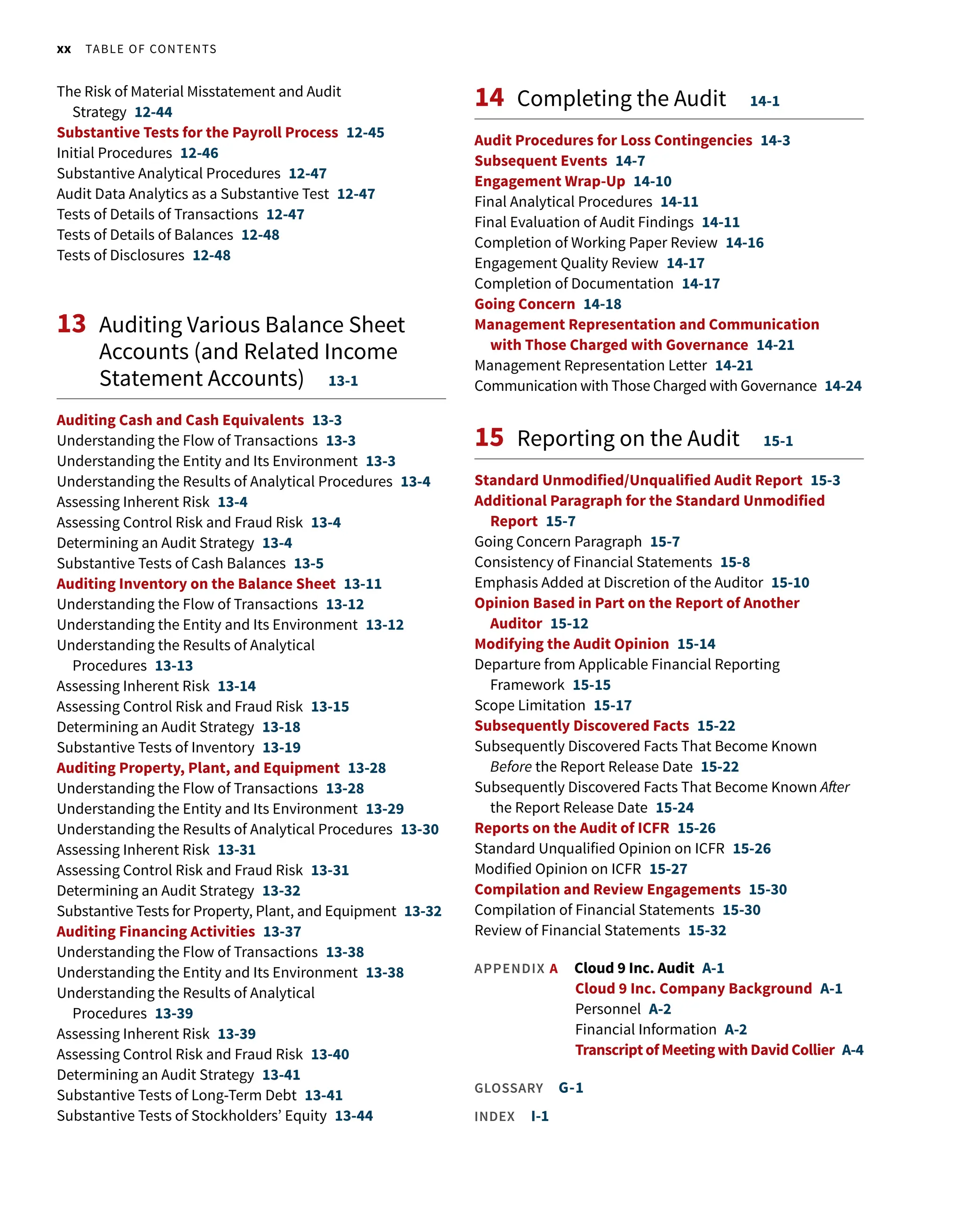 xx Table of Contents
The Risk of Material Misstatement and Audit
Strategy 12-44
Substantive Tests for the Payroll Process 12-45
Initial Procedures 12-46
Substantive Analytical Procedures 12-47
Audit Data Analytics as a Substantive Test 12-47
Tests of Details of Transactions 12-47
Tests of Details of Balances 12-48
Tests of Disclosures 12-48
13 
Auditing Various Balance Sheet
Accounts (and Related Income
Statement Accounts) 13-1
Auditing Cash and Cash Equivalents 13-3
Understanding the Flow of Transactions 13-3
Understanding the Entity and Its Environment 13-3
Understanding the Results of Analytical Procedures 13-4
Assessing Inherent Risk 13-4
Assessing Control Risk and Fraud Risk 13-4
Determining an Audit Strategy 13-4
Substantive Tests of Cash Balances 13-5
Auditing Inventory on the Balance Sheet 13-11
Understanding the Flow of Transactions 13-12
Understanding the Entity and Its Environment 13-12
Understanding the Results of Analytical
Procedures 13-13
Assessing Inherent Risk 13-14
Assessing Control Risk and Fraud Risk 13-15
Determining an Audit Strategy 13-18
Substantive Tests of Inventory 13-19
Auditing Property, Plant, and Equipment 13-28
Understanding the Flow of Transactions 13-28
Understanding the Entity and Its Environment 13-29
Understanding the Results of Analytical Procedures 13-30
Assessing Inherent Risk 13-31
Assessing Control Risk and Fraud Risk 13-31
Determining an Audit Strategy 13-32
Substantive Tests for Property, Plant, and Equipment 13-32
Auditing Financing Activities 13-37
Understanding the Flow of Transactions 13-38
Understanding the Entity and Its Environment 13-38
Understanding the Results of Analytical
Procedures 13-39
Assessing Inherent Risk 13-39
Assessing Control Risk and Fraud Risk 13-40
Determining an Audit Strategy 13-41
Substantive Tests of Long-Term Debt 13-41
Substantive Tests of Stockholders’ Equity 13-44
14 
Completing the Audit 14-1
Audit Procedures for Loss Contingencies 14-3
Subsequent Events 14-7
Engagement Wrap-Up 14-10
Final Analytical Procedures 14-11
Final Evaluation of Audit Findings 14-11
Completion of Working Paper Review 14-16
Engagement Quality Review 14-17
Completion of Documentation 14-17
Going Concern 14-18
Management Representation and Communication
with Those Charged with Governance 14-21
Management Representation Letter 14-21
Communication with Those Charged with Governance 14-24
15 
Reporting on the Audit 15-1
Standard Unmodified/Unqualified Audit Report 15-3
Additional Paragraph for the Standard Unmodified
Report 15-7
Going Concern Paragraph 15-7
Consistency of Financial Statements 15-8
Emphasis Added at Discretion of the Auditor 15-10
Opinion Based in Part on the Report of Another
Auditor 15-12
Modifying the Audit Opinion 15-14
Departure from Applicable Financial Reporting
Framework 15-15
Scope Limitation 15-17
Subsequently Discovered Facts 15-22
Subsequently Discovered Facts That Become Known
Before the Report Release Date 15-22
Subsequently Discovered Facts That Become Known After
the Report Release Date 15-24
Reports on the Audit of icfr  15-26
Standard Unqualified Opinion on ICFR 15-26
Modified Opinion on ICFR 15-27
Compilation and Review Engagements 15-30
Compilation of Financial Statements 15-30
Review of Financial Statements 15-32
Appendix A 
Cloud 9 Inc. Audit A-1
Cloud 9 Inc. Company Background A-1
Personnel A-2
Financial Information A-2
Transcript of Meeting with David Collier A-4
Glossary  G-1
Index I-1
 