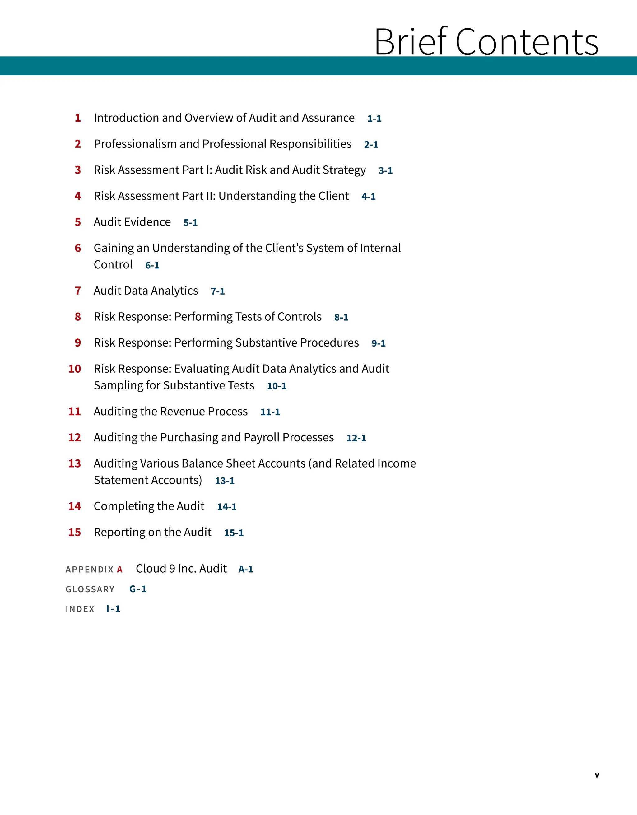 Brief Contents
1	
Introduction and Overview of Audit and Assurance   1-1
2 Professionalism and Professional Responsibilities   2-1
3	
Risk Assessment Part I: Audit Risk and Audit Strategy   3-1
4 Risk Assessment Part II: Understanding the Client   4-1
5	Audit Evidence   5-1
6	
Gaining an Understanding of the Client’s System of Internal
Control  6-1
7 Audit Data Analytics   7-1
8 Risk Response: Performing Tests of Controls   8-1
9	
Risk Response: Performing Substantive Procedures   9-1
10	
Risk Response: Evaluating Audit Data Analytics and Audit
Sampling for Substantive Tests   10-1
11	
Auditing the Revenue Process   11-1
12	
Auditing the Purchasing and Payroll Processes   12-1
13	
Auditing Various Balance Sheet Accounts (and Related Income
Statement Accounts)   13-1
14	
Completing the Audit   14-1
15	
Reporting on the Audit   15-1
Appendix A 
Cloud 9 Inc. Audit A-1
GLOSSARY    G-1
Index  I-1
v
 