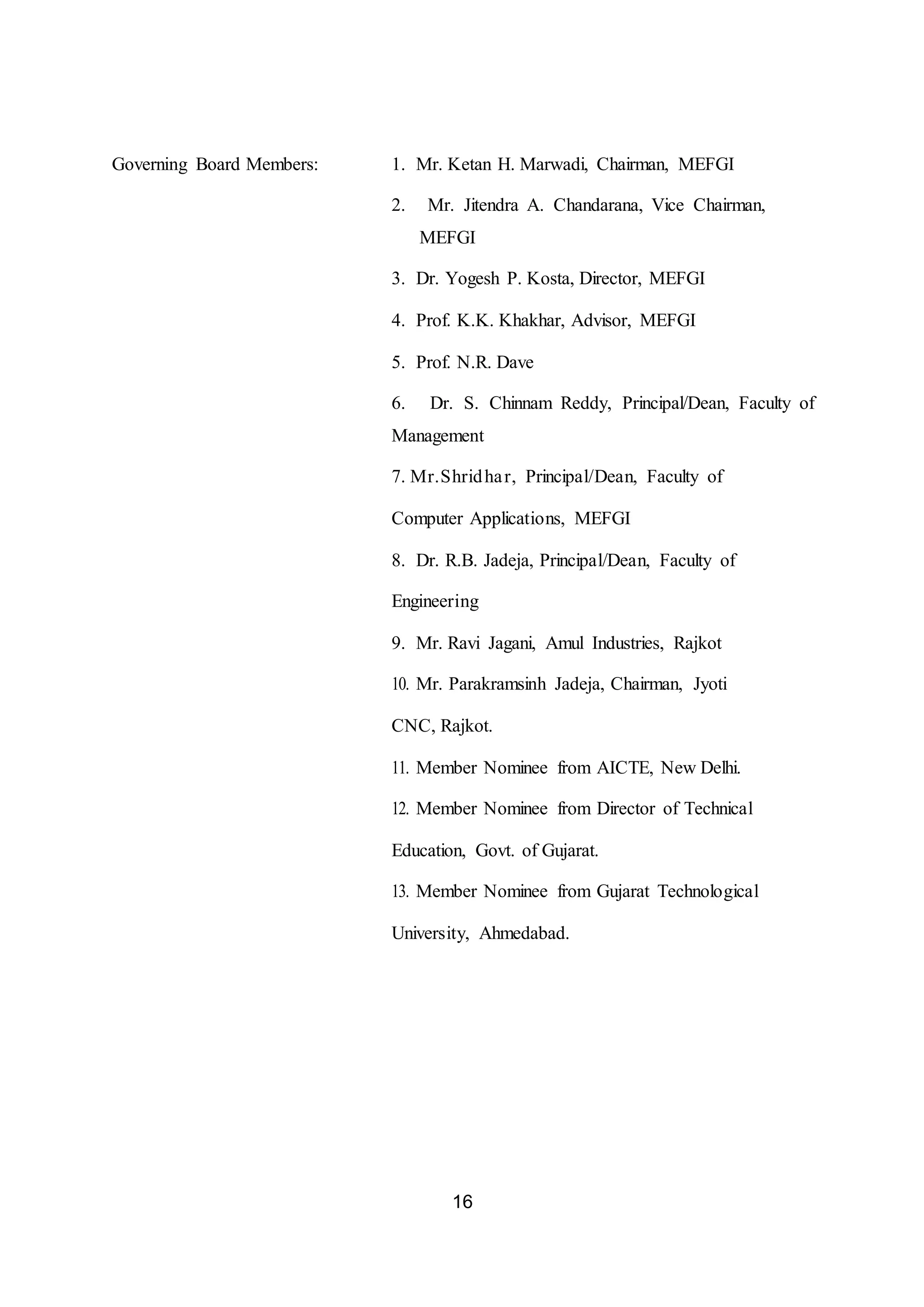 16
Governing Board Members: 1. Mr. Ketan H. Marwadi, Chairman, MEFGI
2. Mr. Jitendra A. Chandarana, Vice Chairman,
MEFGI
3. Dr. Yogesh P. Kosta, Director, MEFGI
4. Prof. K.K. Khakhar, Advisor, MEFGI
5. Prof. N.R. Dave
6. Dr. S. Chinnam Reddy, Principal/Dean, Faculty of
Management
7. Mr.Shridhar, Principal/Dean, Faculty of
Computer Applications, MEFGI
8. Dr. R.B. Jadeja, Principal/Dean, Faculty of
Engineering
9. Mr. Ravi Jagani, Amul Industries, Rajkot
10. Mr. Parakramsinh Jadeja, Chairman, Jyoti
CNC, Rajkot.
11. Member Nominee from AICTE, New Delhi.
12. Member Nominee from Director of Technical
Education, Govt. of Gujarat.
13. Member Nominee from Gujarat Technological
University, Ahmedabad.
 