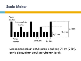 Scale Maker
Minor
marker
Intermediate
marker
Major
marker
0,23cm
0,41cm
0,032cm 0,13cm
0,56cm
Direkomendasikan untuk jarak pandang 71cm (28in),
perlu disesuaikan untuk perubahan jarak.
 