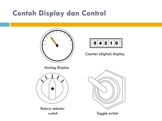 Contoh Display dan Control
Ratary selector
switch Toggle switch
Analog Display
5 4 2 1 0
Counter (digital) display
 