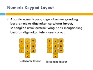 Numeric Keypad Layout
 Apabila numerik yang digunakan mengandung
besaran maka digunakan calculator layout,
sedangkan untuk numerik yang tidak mengandung
besaran digunakan telephone lay out.
1 2 3
4 5 6
7 8 9
0
Telephone layout
7 8 9
4 5 6
1 2 3
0
Calculator layout
 