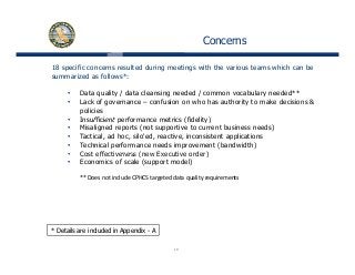 Concerns
18 specific concerns resulted during meetings with the various teams which can be
summarized as follows*:
• Data quality / data cleansing needed / common vocabulary needed**
• Lack of governance – confusion on who has authority to make decisions &
policies
• Insufficient performance metrics (fidelity)• Insufficient performance metrics (fidelity)
• Misaligned reports (not supportive to current business needs)
• Tactical, ad hoc, silo'ed, reactive, inconsistent applications
• Technical performance needs improvement (bandwidth)
• Cost effectiveness (new Executive order)• Cost effectiveness (new Executive order)
• Economics of scale (support model)
** Does not include CPHCS targeted data quality requirements
10
* Details are included in Appendix - A
 