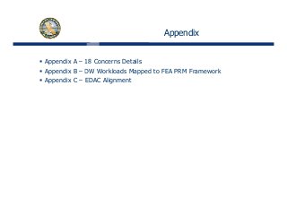 Appendix
Appendix A – 18 Concerns Details
A di B DW W kl d M d t FEA PRM F kAppendix B – DW Workloads Mapped to FEA PRM Framework
Appendix C – EDAC Alignment
 