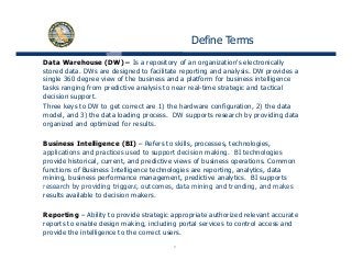 Define Terms
Data Warehouse (DW) – Is a repository of an organization's electronically
stored data. DWs are designed to facilitate reporting and analysis. DW provides a
single 360 degree view of the business and a platform for business intelligence
tasks ranging from predictive analysis to near real-time strategic and tactical
decision support.
Three keys to DW to get correct are 1) the hardware configuration, 2) the data
model, and 3) the data loading process. DW supports research by providing data, ) g p pp y p g
organized and optimized for results.
Business Intelligence (BI) – Refers to skills, processes, technologies,
applications and practices used to support decision making BI technologiesapplications and practices used to support decision making. BI technologies
provide historical, current, and predictive views of business operations. Common
functions of Business Intelligence technologies are reporting, analytics, data
mining, business performance management, predictive analytics. BI supports
research by providing triggers outcomes data mining and trending and makesresearch by providing triggers, outcomes, data mining and trending, and makes
results available to decision makers.
Reporting – Ability to provide strategic appropriate authorized relevant accurate
bl d i ki i l di l i l d
3
reports to enable design making, including portal services to control access and
provide the intelligence to the correct users.
 