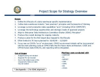 Project Scope for Strategy Overview
Scope
1. Define the lifecycle of a data warehouse specific implementation
2 D fi d t h i d t “b t ti ” i i l d f k f thi ki2. Define data warehouse industry “best practices” principles and frameworks of thinking
3. Leverage current production data capabilities “as-is” (including OR & COMPSTAT)
4. Leverage the technology opportunities and strategic needs of approved projects
5. Align to Enterprise Data Architecture Committee Charter (EDAC) Principles*
6. Produce the overall strategy for ongoing maturity
7. Produce a plan for the first target step mapped to the lifecycle
8. Effort limited to 70 hours planned for 10/05/09 – 11/30/09
9 Focus was on CDCR’s “as is” environment CPHCS environment details will be incorporated9. Focus was on CDCRs as-is environment. CPHCS environment details will be incorporated
into the next planning cycle as CPHCS falls into the future state architecture. CDCR and
CPHCS future state EDW, BI, and reporting will be integrated.
Meetings were conducted withO t f S Meetings were conducted with
• COMPSTAT
• EA
• EdFIRST
• OISB
Out-of-Scope
• Budget/Funding not included
• Required PYs not included
• Due to the limited scope of this
engagement, follow-on tasks
9
• SOMS
• BIS
• CPHCS
* See Appendix - C for EDAC alignment
g g ,
may be needed
 