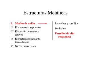 Estructuras Metálicas
I. Medios de unión
II. Elementos compuestos
III. Ejecución de nudos y
apoyos
IV. Estructuras reticulares
(armaduras)
V. Naves industriales
Remaches y tornillos
Soldadura
Tornillos de alta
resistencia
 