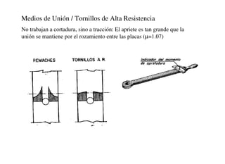 Medios de Unión / Tornillos de Alta Resistencia
No trabajan a cortadura, sino a tracción: El apriete es tan grande que la
unión se mantiene por el rozamiento entre las placas (µ=1.07)
 
