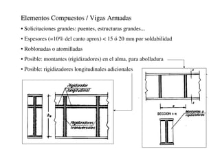 Elementos Compuestos / Vigas Armadas
• Solicitaciones grandes: puentes, estructuras grandes...
• Espesores (=10% del canto aprox) < 15 ó 20 mm por soldabilidad
• Roblonadas o atornilladas
• Posible: montantes (rigidizadores) en el alma, para abolladura
• Posible: rigidizadores longitudinales adicionales
 