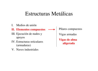 Estructuras Metálicas
I. Medios de unión
II. Elementos compuestos
III. Ejecución de nudos y
apoyos
IV. Estructuras reticulares
(armaduras)
V. Naves industriales
Pilares compuestos
Vigas armadas
Vigas de alma
aligerada
 