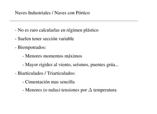 Naves Industriales / Naves con Pórtico
- No es raro calcularlas en régimen plástico
- Suelen tener sección variable
- Biempotrados:
- Menores momentos máximos
- Mayor rigidez al viento, seísmos, puentes grúa...
- Biarticulados / Triarticulados:
- Cimentación mas sencilla
- Menores (o nulas) tensiones por ∆ temperatura
 