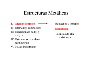 Estructuras Metálicas
I. Medios de unión
II. Elementos compuestos
III. Ejecución de nudos y
apoyos
IV. Estructuras reticulares
(armaduras)
V. Naves industriales
Remaches y tornillos
Soldadura
Tornillos de alta
resistencia
 