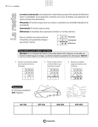 18Matemáticas y ambiente
La
resta La resta o sustracción es la operación matemática que permite calcular la diferencia
entre 2 cantidades. Es la operación contraria a la suma. Al realizar una operación de
resta se tienen tres elementos:
Minuendo: El número al que se le va a restar o sustraerá una cantidad indicada en el
sustraendo.
Sustraendo: El número que se resta.
Diferencia: El resultado de la operación al restar un número del otro.
5 9
- 2 1
3 8
Minuendo
Sustraendo
Diferencia
Ejemplo: En un bosque de Puerto Concordia habían 365 chigüiros, 61 de ellos se
fueron a beber agua a un lago. ¿Cuántos chigüiros quedaron en el bosque? 365-61
Pasos básicos para realizar una resta.
C D U
3 6 5
6 1
C D U
3 6 5
- 6 1
C D U
3 6 5
- 6 1
3 0 4
4. Escribir el sustraendo debajo
del minuendo de forma
ordenada.
5. Poner el signo menos
y la línea inferior que
representa el igual.
6. Restar las unidades,
luego las decenas y las
centenas.
Para su notación se coloca entre el
minuendo y el sustraendo el signo −
que se lee “menos”.
En el bosque quedaron
304 chigüiros
Respuesta:
162-134 527-316 628-254 699-459
 