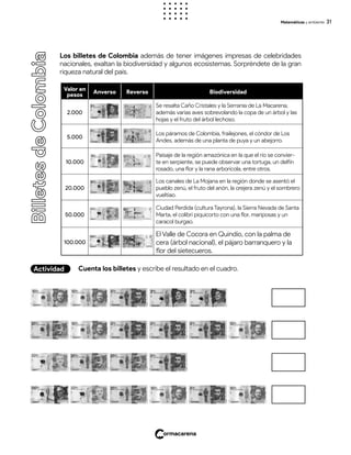 31
Matemáticas y ambiente
Billetes
de
Colombia
Los billetes de Colombia además de tener imágenes impresas de celebridades
nacionales, exaltan la biodiversidad y algunos ecosistemas. Sorpréndete de la gran
riqueza natural del país.
Valor en
pesos
Anverso Reverso Biodiversidad
2.000
Se resalta Caño Cristales y la Serranía de La Macarena,
además varias aves sobrevolando la copa de un árbol y las
hojas y el fruto del árbol lechoso.
5.000
Los páramos de Colombia, frailejones, el cóndor de Los
Andes, además de una planta de puya y un abejorro.
10.000
Paisaje de la región amazónica en la que el río se convier-
te en serpiente, se puede observar una tortuga, un delfín
rosado, una flor y la rana arborícola, entre otros.
20.000
Los canales de La Mojana en la región donde se asentó el
pueblo zenú, el fruto del anón, la orejera zenú y el sombrero
vueltiao.
50.000
Ciudad Perdida (cultura Tayrona), la Sierra Nevada de Santa
Marta, el colibrí piquicorto con una flor, mariposas y un
caracol burgao.
100.000
El Valle de Cocora en Quindío, con la palma de
cera (árbol nacional), el pájaro barranquero y la
flor del sietecueros.
Cuenta los billetes y escribe el resultado en el cuadro.
Actividad
 