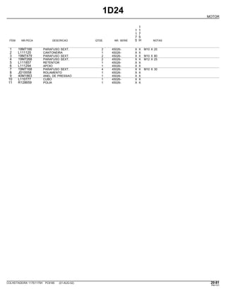 1D24
MOTOR
1
1 1
1 7
7 5
ITEM NR.PECA DESCRICAO QTDE. NR. SERIE 5 H NOTAS
1 19M7166 PARAFUSO SEXT. 2 45026- X X M10 X 20
2 L111120 CANTONEIRA 1 45026- X X
3 19M7479 PARAFUSO SEXT. 2 45026- X X M10 X 80
4 19M7268 PARAFUSO SEXT. 2 45026- X X M12 X 25
5 L111857 RETENTOR 1 45026- X X
6 L111294 APOIO 1 45026- X X
7 19M7168 PARAFUSO SEXT. 4 45026- X X M10 X 30
8 JD10058 ROLAMENTO 1 45026- X X
9 40M1863 ANEL DE PRESSAO 1 45026- X X
10 L110777 CUBO 1 45026- X X
11 R128659 POLIA 1 45026- X X
COLHEITADEIRA 1175/1175H PC9185 (01-AUG-02) 20-81
PN=101
 