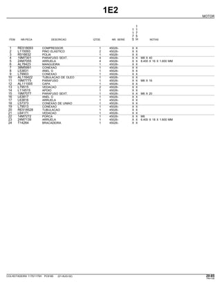 1E2
MOTOR
1
1 1
1 7
7 5
ITEM NR.PECA DESCRICAO QTDE. NR. SERIE 5 H NOTAS
1 RE518093 COMPRESSOR 1 45026- X X
2 L115093 PINO ELASTICO 2 45026- X X
3 R516632 POLIA 1 45026- X X
4 19M7301 PARAFUSO SEXT. 4 45026- X X M8 X 40
5 24M7055 ARRUELA 4 45026- X X 8.400 X 16 X 1.600 MM
6 AL78423 MANGUEIRA 1 45026- X X
7 38M5991 CONEXAO 1 45026- X X
8 L53831 ANEL O 1 45026- X X
9 L79903 CONEXAO 1 45026- X X
10 AL116422 TUBULACAO DE OLEO 1 45026- X X
11 19M7775 PARAFUSO 1 45026- X X M6 X 16
12 AL111005 CAPA 1 45026- X X
13 L79515 VEDACAO 2 45026- X X
14 L114515 APOIO 1 45026- X X
15 19M7077 PARAFUSO SEXT. 1 45026- X X M6 X 20
16 L63817 ANEL O 1 45026- X X
17 L63816 ARRUELA 1 45026- X X
18 L57373 CONEXAO DE UNIAO 1 45026- X X
19 L79513 CONEXAO 1 45026- X X
20 RE518528 TUBULACAO 1 45026- X X
21 L64171 VEDACAO 1 45026- X X
22 14M7272 PORCA 1 45026- X X M6
23 24M7139 ARRUELA 1 45026- X X 6.400 X 18 X 1.600 MM
24 T14264 BRACADEIRA 1 45026- X X
COLHEITADEIRA 1175/1175H PC9185 (01-AUG-02) 20-85
PN=105
 