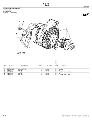 1E3
MOTOR
ALTERNADOR - MOTOR 6.8L
ALTERNATOR
ALTERNADOR
CQ154166 -UN-15JUL02
g
1
1 1
1 7
7 5
ITEM NR.PECA DESCRICAO QTDE. NR. SERIE 5 H NOTAS
1 RE515328 ALTERNADOR 1 45026- X X 14V/90A
2 14M7273 PORCA 1 45026- X X M8
3 24M7055 ARRUELA 1 45026- X X 8.400 X 16 X 1.600 MM
4 14M7028 PORCA 1 45026- X X M5
5 24M7027 ARRUELA 1 45026- X X 5.300 X 10 X 1 MM
20-86 COLHEITADEIRA 1175/1175H PC9185 (01-AUG-02)
PN=106
 
