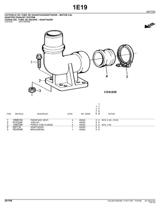 1E19
MOTOR
COTOVELO DO TUBO DE EXAUSTAO/ADAPTADOR - MOTOR 6.8L
ADAPTER EXHAUST SYSTEM
CODOS DEL TUBO DE ESCAPE / ADAPTADOR
CD41039 -UN-01MAR96
g
1
1 1
1 7
7 5
ITEM NR.PECA DESCRICAO QTDE. NR. SERIE 5 H NOTAS
1 19M8162 PARAFUSO SEXT. 4 45026- X X M10 X 40, (10.9)
2 R123246 JOELHO 1 45026- X X
3 14M7296 PORCA COM FLANGE 4 45026- X X M10, (10)
4 R87732 ADAPTADOR 1 45026- X X
5 RE40048 BRACADEIRA 1 45026- X X
20-104 COLHEITADEIRA 1175/1175H PC9185 (01-AUG-02)
PN=124
 
