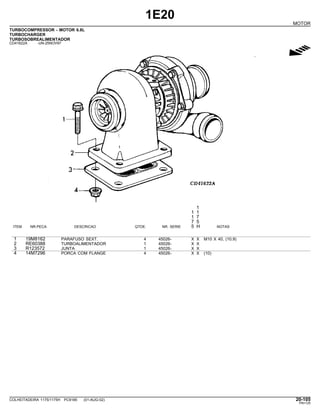 1E20
MOTOR
TURBOCOMPRESSOR - MOTOR 6.8L
TURBOCHARGER
TURBOSOBREALIMENTADOR
CD41622A -UN-25NOV97
g
1
1 1
1 7
7 5
ITEM NR.PECA DESCRICAO QTDE. NR. SERIE 5 H NOTAS
1 19M8162 PARAFUSO SEXT. 4 45026- X X M10 X 40, (10.9)
2 RE60388 TURBOALIMENTADOR 1 45026- X X
3 R123572 JUNTA 1 45026- X X
4 14M7296 PORCA COM FLANGE 4 45026- X X (10)
COLHEITADEIRA 1175/1175H PC9185 (01-AUG-02) 20-105
PN=125
 
