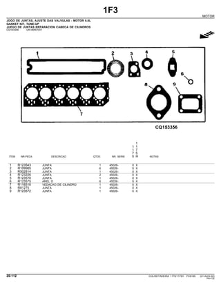 1F3
MOTOR
JOGO DE JUNTAS, AJUSTE DAS VALVULAS - MOTOR 6.8L
GASKET KIT, TUNE-UP
JUEGO DE JUNTAS REPARACION CABECA DE CILINDROS
CQ153356 -UN-06NOV01
g
1
1 1
1 7
7 5
ITEM NR.PECA DESCRICAO QTDE. NR. SERIE 5 H NOTAS
1 R123543 JUNTA 1 45026- X X
2 R109985 JUNTA 6 45026- X X
3 R502814 JUNTA 1 45026- X X
4 R123226 JUNTA 2 45026- X X
5 R123570 JUNTA 1 45026- X X
6 R123575 ANEL O 6 45026- X X
7 R116516 VEDACAO DE CILINDRO 1 45026- X X
8 R81275 JUNTA 1 45026- X X
9 R123572 JUNTA 1 45026- X X
20-112 COLHEITADEIRA 1175/1175H PC9185 (01-AUG-02)
PN=132
 