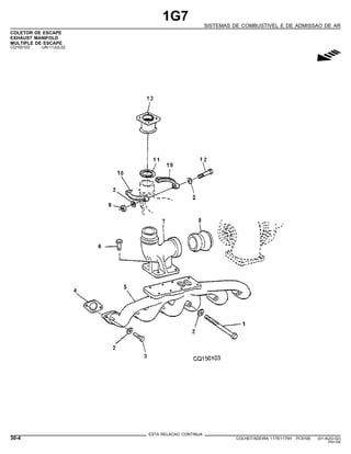 1G7
SISTEMAS DE COMBUSTIVEL E DE ADMISSAO DE AR
COLETOR DE ESCAPE
EXHAUST MANIFOLD
MULTIPLE DE ESCAPE
CQ150103 -UN-11JUL02
g
ESTA RELACAO CONTINUA
30-4 COLHEITADEIRA 1175/1175H PC9185 (01-AUG-02)
PN=164
 