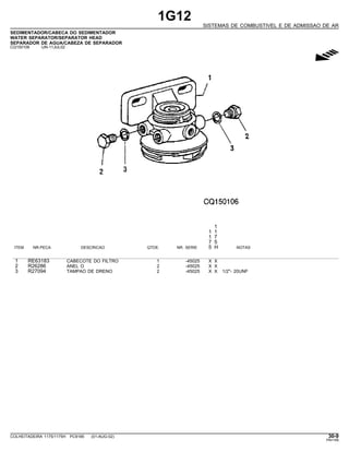 1G12
SISTEMAS DE COMBUSTIVEL E DE ADMISSAO DE AR
SEDIMENTADOR/CABECA DO SEDIMENTADOR
WATER SEPARATOR/SEPARATOR HEAD
SEPARADOR DE AGUA/CABEZA DE SEPARADOR
CQ150106 -UN-11JUL02
g
1
1 1
1 7
7 5
ITEM NR.PECA DESCRICAO QTDE. NR. SERIE 5 H NOTAS
1 RE63183 CABECOTE DO FILTRO 1 -45025 X X
2 R26286 ANEL O 2 -45025 X X
3 R27094 TAMPAO DE DRENO 2 -45025 X X 1/2"- 20UNF
COLHEITADEIRA 1175/1175H PC9185 (01-AUG-02) 30-9
PN=169
 