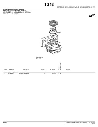 1G13
SISTEMAS DE COMBUSTIVEL E DE ADMISSAO DE AR
SEDIMENTADOR/BOMBA MANUAL
WATER SEPARATOR/HAND PRIMER
SEPARADOR DE AGUA/CEBADOR MANUAL
CQ150107 -UN-11JUL02
g
1
1 1
1 7
7 5
ITEM NR.PECA DESCRICAO QTDE. NR. SERIE 5 H NOTAS
1 RE50467 BOMBA MANUAL 1 -45025 X X
30-10 COLHEITADEIRA 1175/1175H PC9185 (01-AUG-02)
PN=170
 