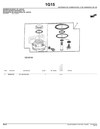1G15
SISTEMAS DE COMBUSTIVEL E DE ADMISSAO DE AR
SEDIMENTADOR/KIT DE JUNTAS
WATER SEPARATOR/GASKET KIT
SEPARADOR DE AGUA/JUEGO DE JUNTAS
CQ150109 -UN-11JUL02
g
1
1 1
1 7
7 5
ITEM NR.PECA DESCRICAO QTDE. NR. SERIE 5 H NOTAS
1 RE50752 KIT RETENTOR 1 X X
30-12 COLHEITADEIRA 1175/1175H PC9185 (01-AUG-02)
PN=172
 