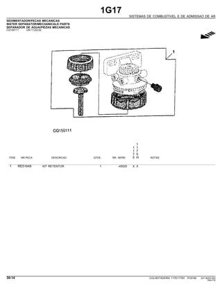 1G17
SISTEMAS DE COMBUSTIVEL E DE ADMISSAO DE AR
SEDIMENTADOR/PECAS MECANICAS
WATER SEPARATOR/MECHANICALS PARTS
SEPARADOR DE AGUA/PIEZAS MECANICAS
CQ150111 -UN-11JUL02
g
1
1 1
1 7
7 5
ITEM NR.PECA DESCRICAO QTDE. NR. SERIE 5 H NOTAS
1 RE51649 KIT RETENTOR 1 -45025 X X
30-14 COLHEITADEIRA 1175/1175H PC9185 (01-AUG-02)
PN=174
 