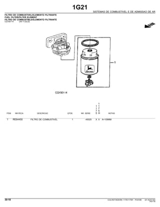 1G21
SISTEMAS DE COMBUSTIVEL E DE ADMISSAO DE AR
FILTRO DE COMBUSTIVEL/ELEMENTO FILTRANTE
FUEL FILTER/FILTER ELEMENT
FILTRO DE COMBUSTIBLE/ELEMENTO FILTRANTE
CQ150114 -UN-11JUL02
g
1
1 1
1 7
7 5
ITEM NR.PECA DESCRICAO QTDE. NR. SERIE 5 H NOTAS
1 RE64450 FILTRO DE COMBUSTIVEL 1 -45025 X X A=109MM
30-18 COLHEITADEIRA 1175/1175H PC9185 (01-AUG-02)
PN=178
 