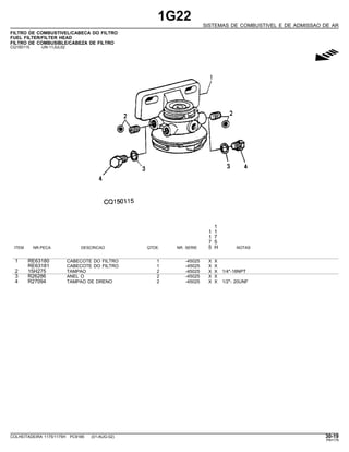 1G22
SISTEMAS DE COMBUSTIVEL E DE ADMISSAO DE AR
FILTRO DE COMBUSTIVEL/CABECA DO FILTRO
FUEL FILTER/FILTER HEAD
FILTRO DE COMBUSIBLE/CABEZA DE FILTRO
CQ150115 -UN-11JUL02
g
1
1 1
1 7
7 5
ITEM NR.PECA DESCRICAO QTDE. NR. SERIE 5 H NOTAS
1 RE63180 CABECOTE DO FILTRO 1 -45025 X X
RE63181 CABECOTE DO FILTRO 1 -45025 X X
2 15H275 TAMPAO 2 -45025 X X 1/4"-18NPT
3 R26286 ANEL O 2 -45025 X X
4 R27094 TAMPAO DE DRENO 2 -45025 X X 1/2"- 20UNF
COLHEITADEIRA 1175/1175H PC9185 (01-AUG-02) 30-19
PN=179
 