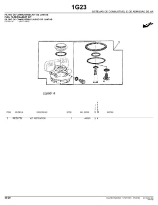 1G23
SISTEMAS DE COMBUSTIVEL E DE ADMISSAO DE AR
FILTRO DE COMBUSTIVEL/KIT DE JUNTAS
FUEL FILTER/GASKET KIT
FILTRO DE COMBUSTIBLE/JUEGO DE JUNTAS
CQ150116 -UN-11JUL02
g
1
1 1
1 7
7 5
ITEM NR.PECA DESCRICAO QTDE. NR. SERIE 5 H NOTAS
1 RE50752 KIT RETENTOR 1 -45025 X X
30-20 COLHEITADEIRA 1175/1175H PC9185 (01-AUG-02)
PN=180
 