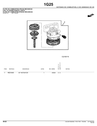 1G25
SISTEMAS DE COMBUSTIVEL E DE ADMISSAO DE AR
FILTRO DE COMBUSTIVEL/PECAS MECANICAS
FUEL FILTER/MECHANICAL PARTS
FILTRO DE COMBUSTIBLE/PIEZAS MECANICAS
CQ150118 -UN-11JUL02
g
1
1 1
1 7
7 5
ITEM NR.PECA DESCRICAO QTDE. NR. SERIE 5 H NOTAS
1 RE51649 KIT RETENTOR 1 -45025 X X
30-22 COLHEITADEIRA 1175/1175H PC9185 (01-AUG-02)
PN=182
 