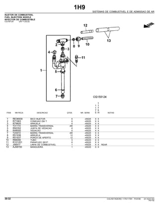 1H9
SISTEMAS DE COMBUSTIVEL E DE ADMISSAO DE AR
INJETOR DE COMBUSTIVEL
FUEL INJECTION NOZZLE
INYECTOR DE COMBUSTIBLE
CQ150124 -UN-11JUL02
g
1
1 1
1 7
7 5
ITEM NR.PECA DESCRICAO QTDE. NR. SERIE 5 H NOTAS
1 RE36939 BICO INJETOR 6 -45025 X X
2 R71963 CONEXAO EM T 6 -45025 X X
3 R79605 ARRUELA 6 -45025 X X
4 T31174 BARRA TRANSVERSAL AR -45025 X X
5 R92352 JUNTA DE VEDACAO 6 -45025 X X
6 R48000 VEDACAO 6 -45025 X X
7 T24472 BARRA TRANSVERSAL AR -45025 X X
8 R51936 ARRUELA 12 -45025 X X
9 R51937 PORCA DE APERTO 12 -45025 X X
10 R66090 TUBO 5 -45025 X X
11 R101201 PARAFUSO SEXT. 6 -45025 X X
12 J56917 LINHA DE COMBUSTIVEL 1 -45025 X X REAR
13 AJ58700 MANGUEIRA 1 -45025 X X
30-32 COLHEITADEIRA 1175/1175H PC9185 (01-AUG-02)
PN=192
 