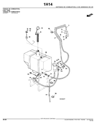 1H14
SISTEMAS DE COMBUSTIVEL E DE ADMISSAO DE AR
TANQUE DE COMBUSTIVEL
FUEL TANK
TANQUE DE COMBUSTIBLE
CQ154077 -UN-04JUL02
g
ESTA RELACAO CONTINUA
30-38 COLHEITADEIRA 1175/1175H PC9185 (01-AUG-02)
PN=198
 