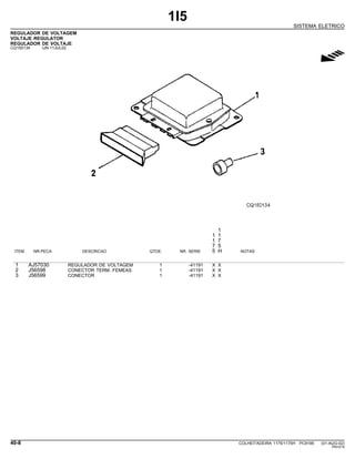 1I5
SISTEMA ELETRICO
REGULADOR DE VOLTAGEM
VOLTAJE REGULATOR
REGULADOR DE VOLTAJE
CQ150134 -UN-11JUL02
g
1
1 1
1 7
7 5
ITEM NR.PECA DESCRICAO QTDE. NR. SERIE 5 H NOTAS
1 AJ57030 REGULADOR DE VOLTAGEM 1 -41191 X X
2 J56598 CONECTOR TERM. FEMEAS 1 -41191 X X
3 J56599 CONECTOR 1 -41191 X X
40-8 COLHEITADEIRA 1175/1175H PC9185 (01-AUG-02)
PN=214
 