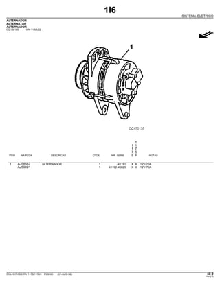 1I6
SISTEMA ELETRICO
ALTERNADOR
ALTERNATOR
ALTERNADOR
CQ150135 -UN-11JUL02
g
1
1 1
1 7
7 5
ITEM NR.PECA DESCRICAO QTDE. NR. SERIE 5 H NOTAS
1 AJ58637 ALTERNADOR 1 -41191 X X 12V-70A
AJ59491 1 41192-45025 X X 12V-70A
COLHEITADEIRA 1175/1175H PC9185 (01-AUG-02) 40-9
PN=215
 