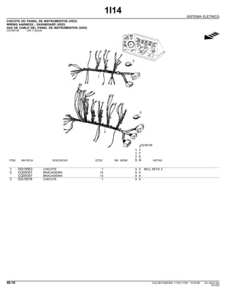 1I14
SISTEMA ELETRICO
CHICOTE DO PAINEL DE INSTRUMENTOS (VDO)
WIRING HARNESS - DASHBOARD (VDO)
HAZ DE CABLE DEL PANEL DE INSTRUMENTOS (VDO)
CQ150140 -UN-11JUL02
g
1
1 1
1 7
7 5
ITEM NR.PECA DESCRICAO QTDE. NR. SERIE 5 H NOTAS
1 DQ19563 CHICOTE 1 X X INCL KEYS 2
2 CQ09357 BRACADEIRA 10 X X
CQ09357 BRACADEIRA 13 X X
3 DQ19576 CHICOTE 1 X X
40-18 COLHEITADEIRA 1175/1175H PC9185 (01-AUG-02)
PN=224
 