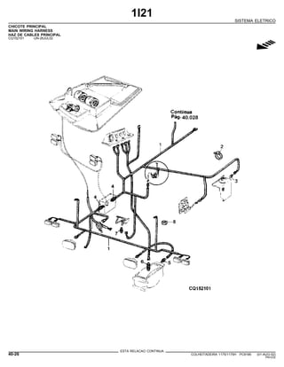 1I21
SISTEMA ELETRICO
CHICOTE PRINCIPAL
MAIN WIRING HARNESS
HAZ DE CABLES PRINCIPAL
CQ152101 -UN-26JUL02
g
ESTA RELACAO CONTINUA
40-26 COLHEITADEIRA 1175/1175H PC9185 (01-AUG-02)
PN=232
 