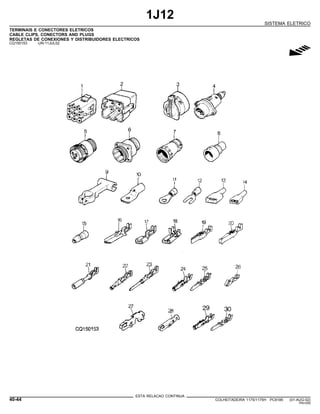 1J12
SISTEMA ELETRICO
TERMINAIS E CONECTORES ELETRICOS
CABLE CLIPS, CONECTORS AND PLUGS
REGLETAS DE CONEXIONES Y DISTRIBUIDORES ELECTRICOS
CQ150153 -UN-11JUL02
g
ESTA RELACAO CONTINUA
40-44 COLHEITADEIRA 1175/1175H PC9185 (01-AUG-02)
PN=250
 