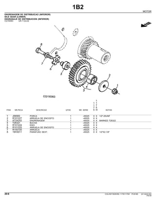 1B2
MOTOR
ENGRENAGEM DE DISTRIBUICAO (INFERIOR)
IDLE GEAR (LOWER)
ENGRANAJE DE DISTRIBUICION (INFERIOR)
CQ150063 -UN-11JUL02
g
1
1 1
1 7
7 5
ITEM NR.PECA DESCRICAO QTDE. NR. SERIE 5 H NOTAS
1 J56583 PORCA 1 -45025 X X 1/2"-20UNF
2 R101227 ARRUELA DE ENCOSTO 1 -45025 X X
3 AT24252 ENGRENAGEM 1 -45025 X X MARKED T26322
4 T26321 BUCHA 1 -45025 X X
5 R101224 EIXO 1 -45025 X X
6 R101225 ARRUELA DE ENCOSTO 1 -45025 X X
7 R100105 ARRUELA 1 -45025 X X
8 19H3011 PARAFUSO SEXT. 1 -45025 X X 1/2"X2.1/8"
20-6 COLHEITADEIRA 1175/1175H PC9185 (01-AUG-02)
PN=26
 