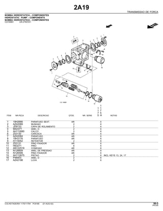 2A19
TRANSMISSAO DE FORCA
BOMBA HIDROSTATICA - COMPONENTES
HIDROSTATIC PUMP - COMPONENTS
BOMBA HIDROSTATICA - COMPONENTES
CQ150661 -UN-27NOV01
g
1
1 1
1 7
7 5
ITEM NR.PECA DESCRICAO QTDE. NR. SERIE 5 H NOTAS
1 19H2666 PARAFUSO SEXT. AR X
2 AZ42089 MUNHAO 2 X
3 JD9133 CAPA DE ROLAMENTO 2 X
4 M4237T ANEL O 2 X
5 AH112680 CALCO 2 X
6 Z53130 CARCACA AR X
7 AZ42084 PARAFUSO AR X
8 19H3176 PARAFUSO AR X
9 H115052 RETENTOR 2 X
10 Z53131 PINO FIXADOR AR X
11 H63271 PINO 8 X
12 AN122518 CONEXAO AR X
13 N126609 ANEL DE PRESSAO AR X
14 N126599 PINO FIXADOR AR X
15 AH112675 PISTAO 2 X INCL KEYS 13, 24, 17
16 P48403 ANEL O 2 X
17 AZ42198 LUVA 2 X
COLHEITADEIRA 1175/1175H PC9185 (01-AUG-02) 50-3
PN=259
 